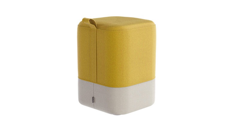 Photorealistic 3D visualization of a yellow and white office ottoman highlighting detailed textile fabric texture and surface quality, created by Nordic Render.