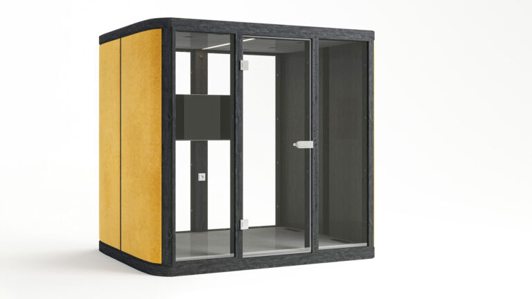 Photorealistic office furniture visualization of an office pod with walls, glass windows, and glass door, showcasing material detail and design precision, created by Nordic Render.