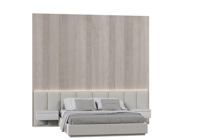 Photorealistic furniture visualization of a light beige bed with backwall element, detailed bed linen and pillows, created by Nordic Render.