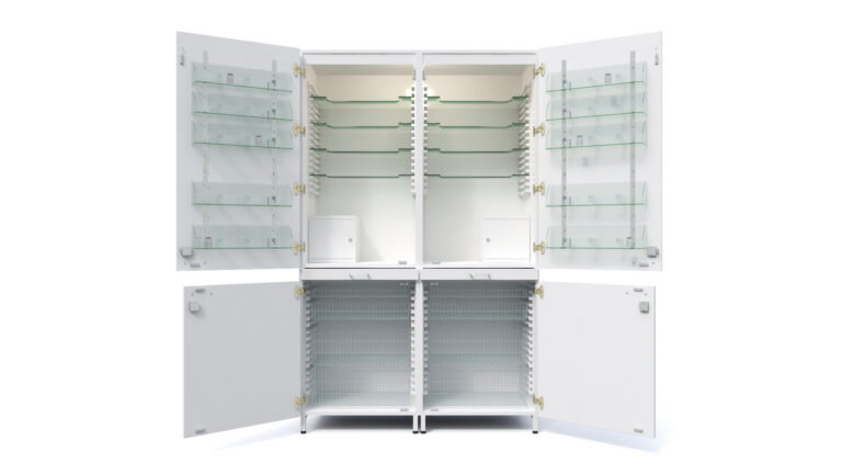 Photorealistic furniture 3D visualization of a cupboard with open doors, revealing glass sections and detailed materials, created by Nordic Render.