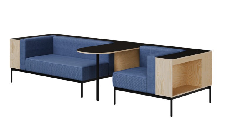 Photorealistic product CGI of a blue office seating section highlighting material detail and modular design, created by Nordic Render.