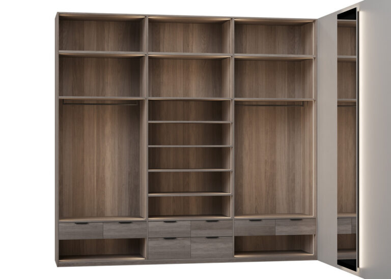 Photorealistic 3D visualization of an L-shaped wardrobe with drawers and compartment sections for clothing storage, created by Nordic Render.