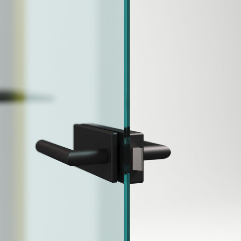 Photorealistic furniture visualization showing detailed bathroom door handle on a glass door, highlighting material quality and precision, created by Nordic Render.