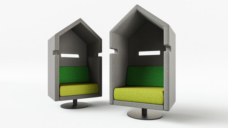 Photorealistic 3D visualization of a turnable office seat with integrated privacy walls, designed for focused workspaces, created by Nordic Render.