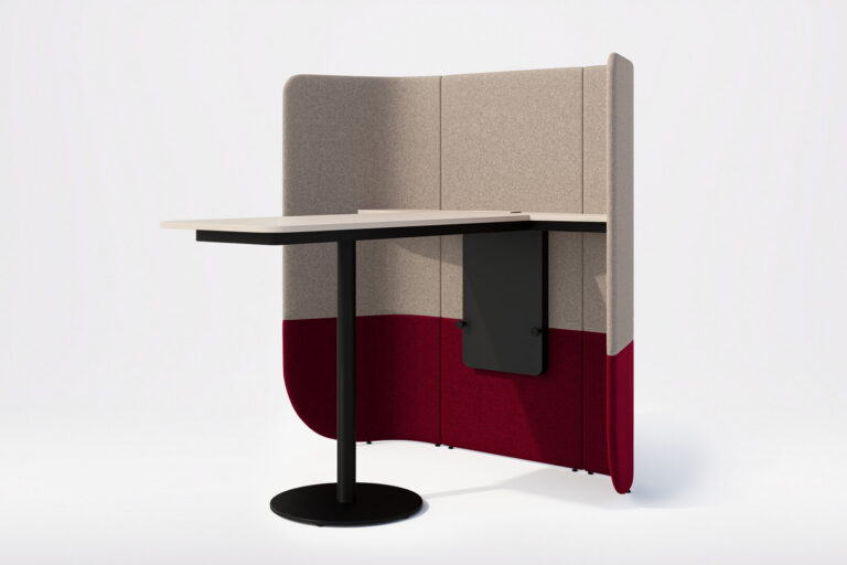High-quality 3D office furniture visualization showing a modular table and chair setup with separation element for flexible workspace design.