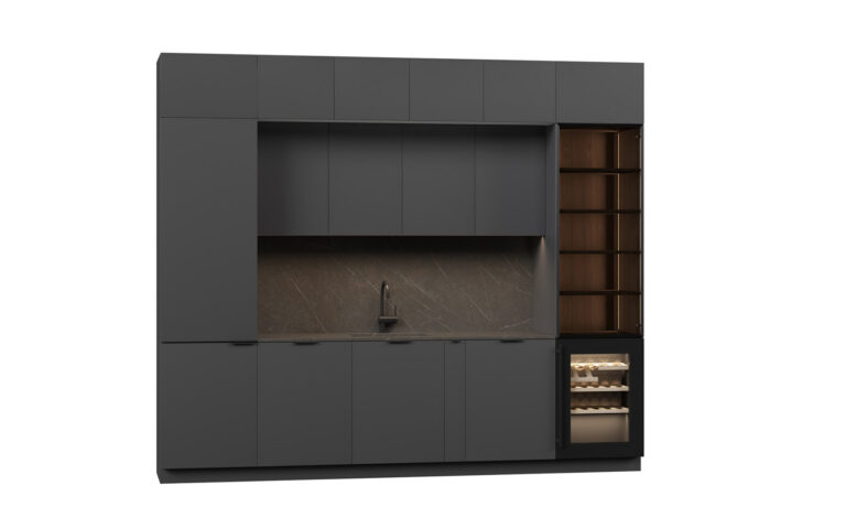Photorealistic 3D visualization of a gray kitchen furniture set with cupboards, sink, and integrated wine fridge, created by Nordic Render.