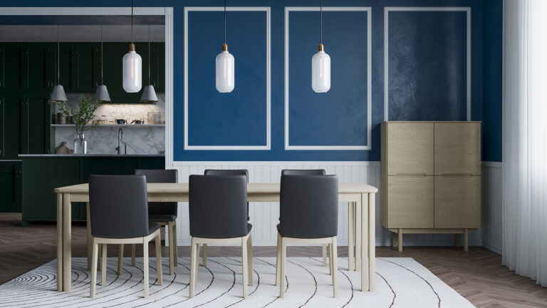 Photorealistic 3D interior visualization of a dining room with table and chairs, with the kitchen visible in the background, created by Nordic Render.