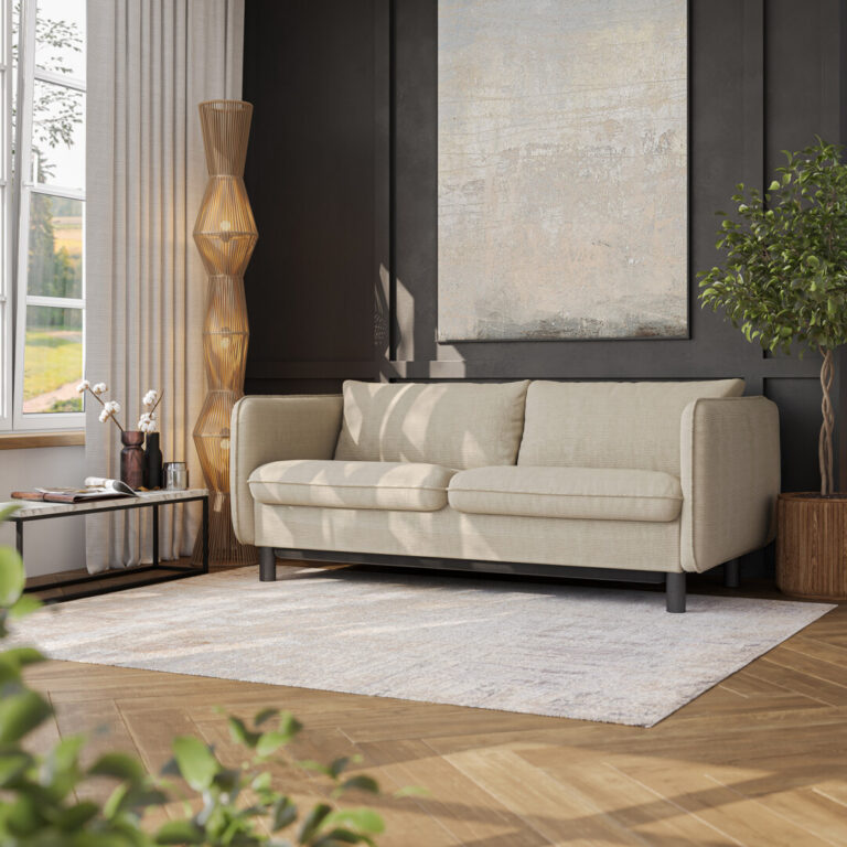 3D visualization of a beige sofa bed with detailed textile texture.