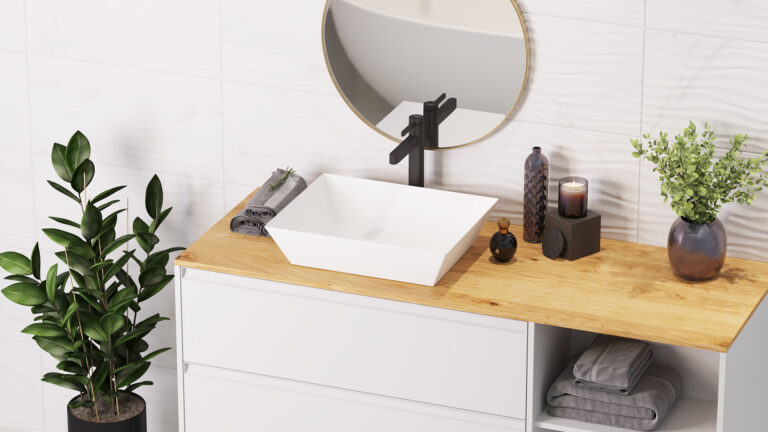 High-quality 3D interior visualization showcasing a bathroom sink, mirror, integrated drawers, and plant with realistic materials.