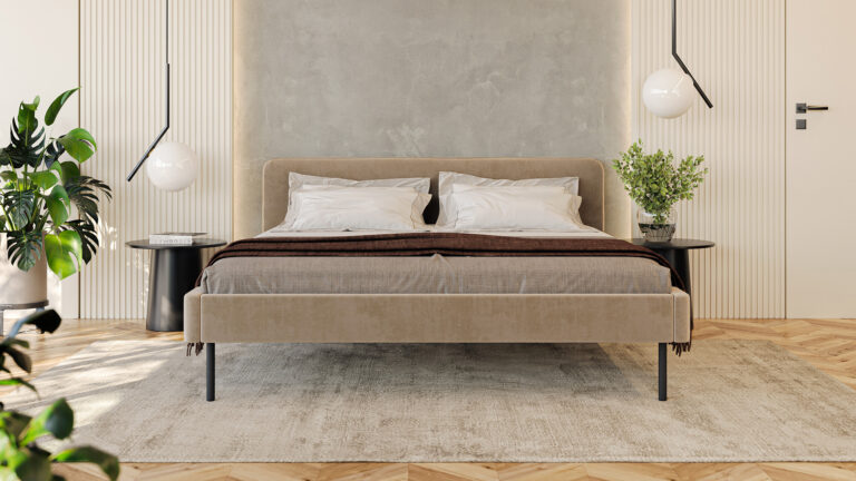 High-quality 3D interior visualization showcasing a calm bedroom setting with natural beige tones, bed details, bedside tables, and plants.