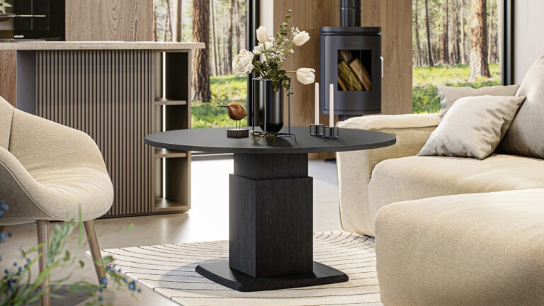 High-quality 3D interior visualization showcasing a living room black coffee table and beige couch, with a fireplace adding warmth in the background.