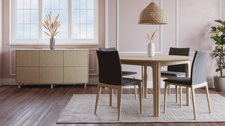Photorealistic 3D interior design visualization featuring a wooden table with four chairs, detailed carpet texture, cupboard storage, and window lighting, created by Nordic Render.