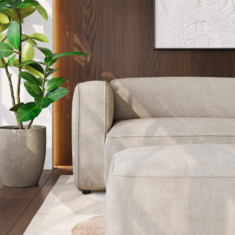 Photorealistic 3D visualization of a beige sofa highlighting detailed textile fabric, surface texture, and upholstery quality, created by Nordic Render.