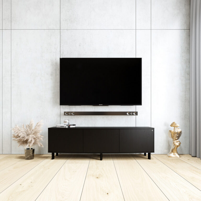 High-quality 3D interior visualization showcasing a television mounted above a black TV console with clean, modern design.