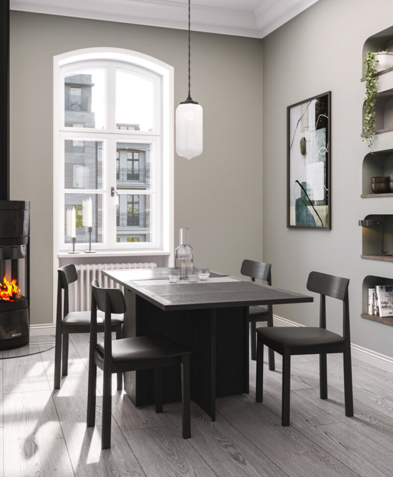 High-quality 3D interior visualization showing an apartment dining area connected to the kitchen, with fireplace detail and urban city view through the window.