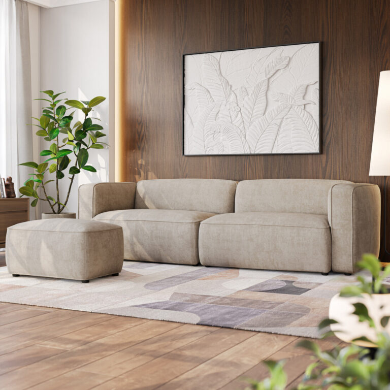 High-quality 3D furniture visualization showcasing a beige sofa with natural colors and a built-in food holder element.