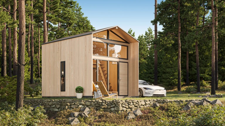 Photorealistic 3D visualization of a wooden single-family home with large glass windows, a car parked beside the house, and trees in the background, showcasing detailed materials and realism, created by Nordic Render.