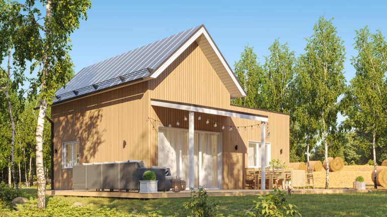 High-quality 3D architectural visualization showing a terrace view of a wooden Nordic-style home with summer atmosphere and natural tree surroundings.