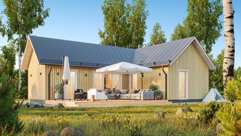Photorealistic 3D visualization of a Nordic-style wooden single-family home with terrace seating in a summer setting, surrounded by trees, created by Nordic Render.