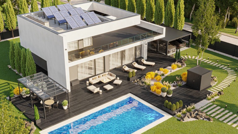 Photorealistic 3D bird’s-eye visualization of a single-family home featuring a terrace with seating and glass-covered lounge area, swimming pool, landscaped flower beds, carport with cars, and rooftop solar panels, created by Nordic Render.
