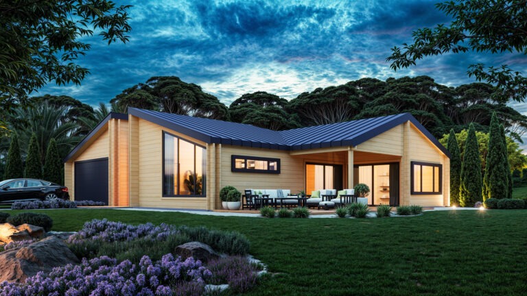 Photorealistic 3D visualization of a wooden house in serene evening light under a deep blue sky, creating a calm and emotional atmosphere, created by Nordic Render.