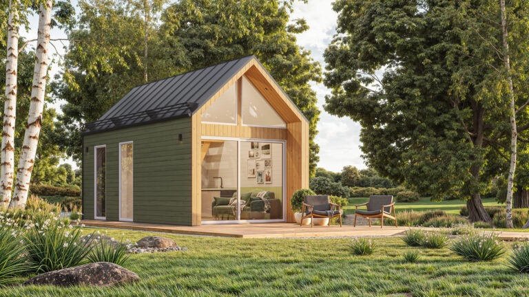 Photorealistic 3D visualization of a single-family home with detailed living room interior visible through large glass windows, outdoor seating area, and surrounding trees, created by Nordic Render.