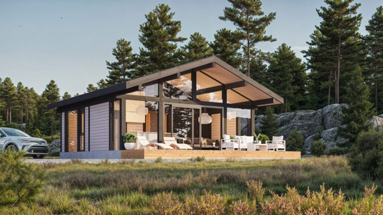 Photorealistic 3D visualization of a wooden single-family home with terrace seating, trees in the surroundings, and a car parked nearby, created by Nordic Render.