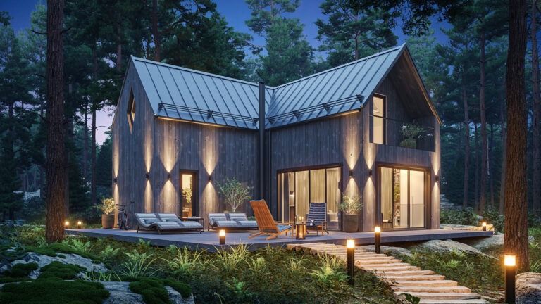 Professional 3D visualization capturing a cozy night-time scene of a family home in the woods, emphasizing lighting design and emotional ambience.