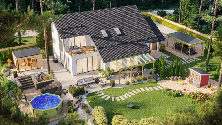 Photorealistic 3D bird’s-eye visualization of a single-family home with carport and car, garden house, swimming pool, landscaped garden, and children’s sand play area, creating a complete home environment, created by Nordic Render.
