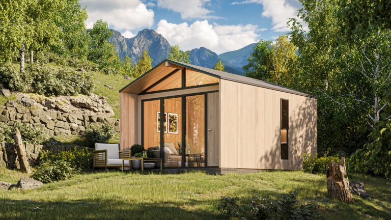 Photorealistic 3D visualization of a single-family house set in a natural landscape with mountains in the background, showcasing architectural design and surroundings, created by Nordic Render.