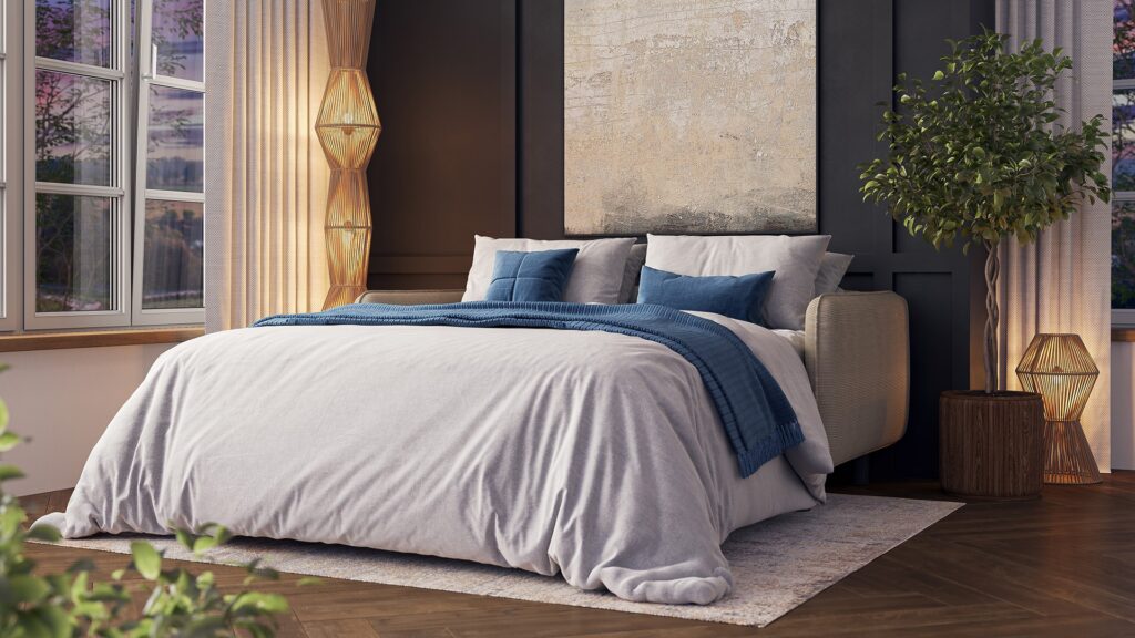 3D visualization of Furgner bedroom interior with bed, featuring warm evening light to create a cozy and emotional atmosphere