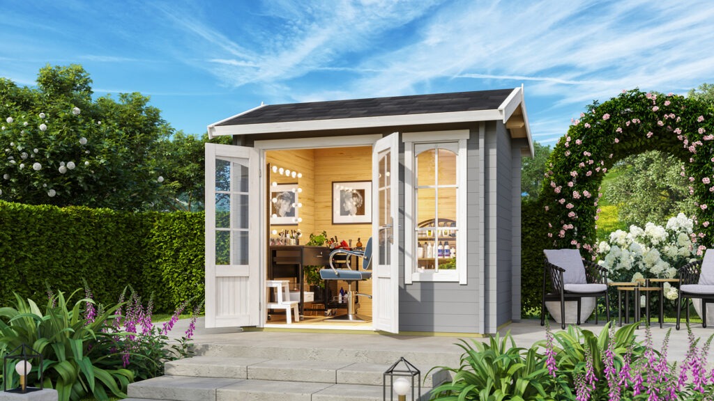 3D render of a Lasita garden house as a compact and elegant outdoor office, highlighting functional design and inviting garden workspace