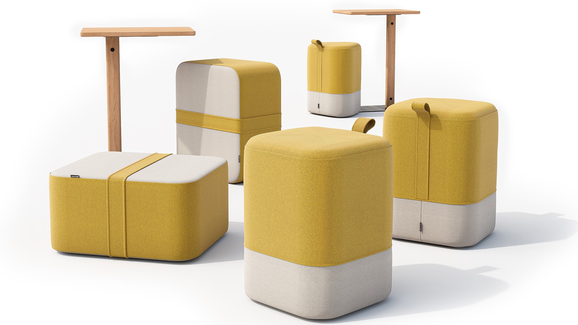 3D visualization of Softrend office seats and small tables, showcasing modern office furniture design and layout