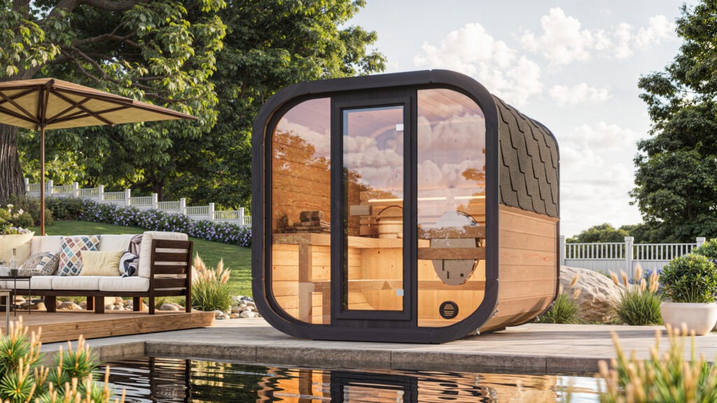 Fotorealistische 3D-Visualisierung einer modernen Außensauna von NordEst Saunas in einem gestalteten US-Garten, mit warmem Innenlicht.