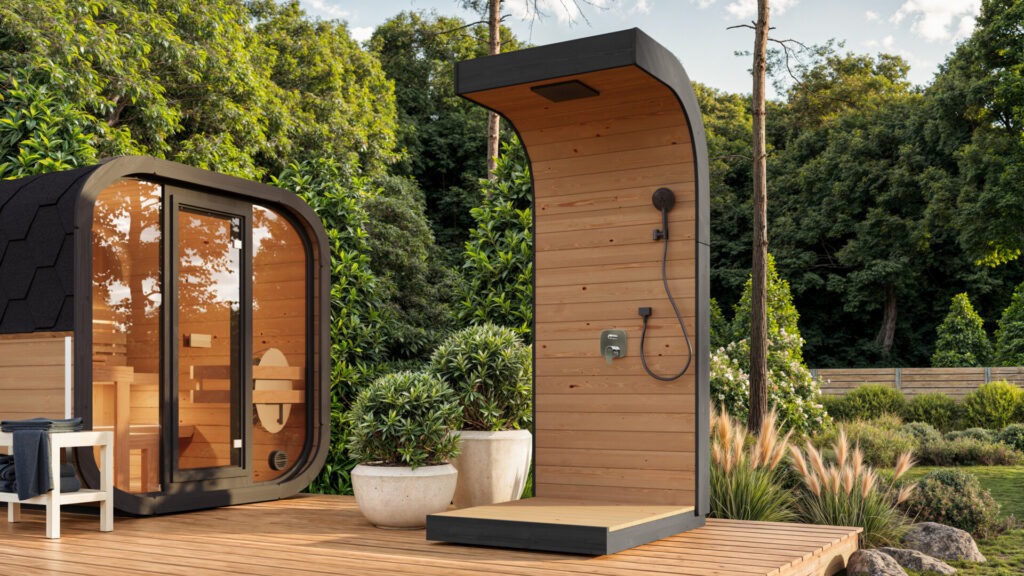 Fotorealistische 3D-Visualisierung einer Außensauna und Dusche in einem modernen US-Garten, erstellt von Nordic Render.