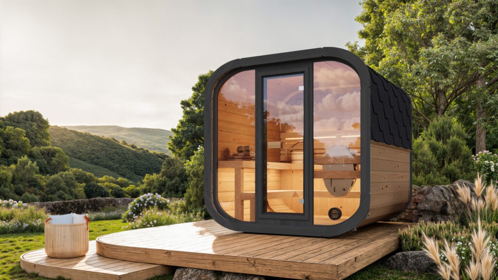 3D exterior rendering of outdoor sauna in a garden with green hills in the background, created for the U.S. market.