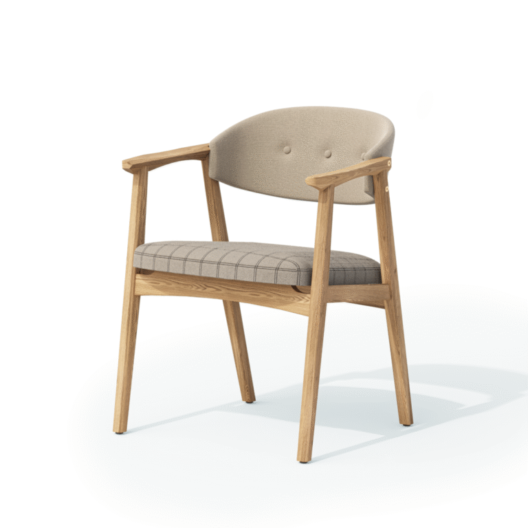 3D product visualization of a wooden chair, highlighting material texture, wood grain, and construction details against a neutral background.