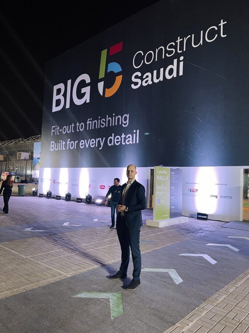 Nordic Render CEO at Big 5 Construct Saudi exhibition in Riyadh, standing in front of the official event backdrop