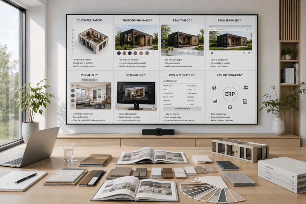 Modern Scandinavian office with a large presentation screen comparing different product configurator approaches, including 3D configurators, photography-based visualizers, browser-based solutions, real-time 3D, CPQ and ERP integration. Material samples, catalogues and an architectural model illustrate the decision-making process for selecting the most suitable interactive product experience.