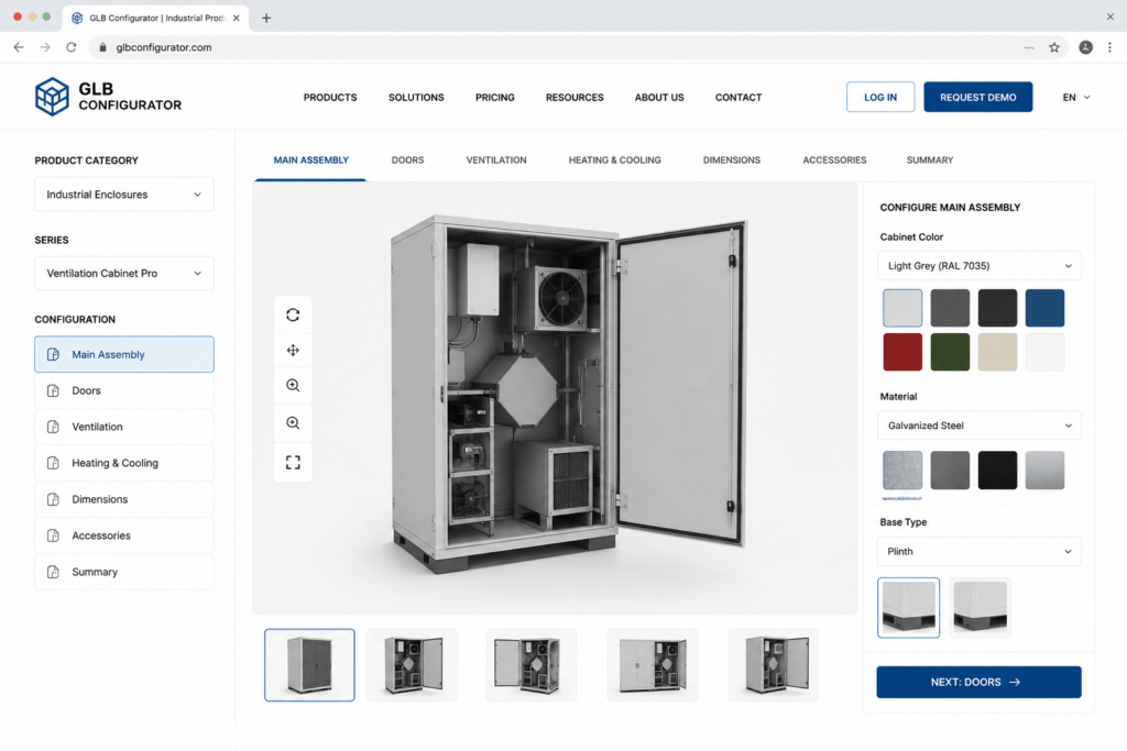 Interaktiivne tööstusseadmete konfiguraator, mis võimaldab seadistada tehnilise seadme komponente, materjale, mõõtmeid ja muid konfiguratsioonivalikuid ning kuvab muudatused reaalajas.