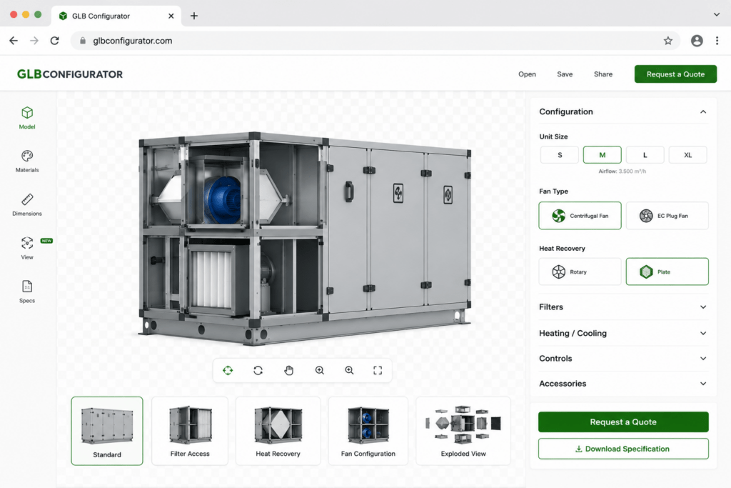 Interaktiver Produktkonfigurator für ein industrielles Lüftungsgerät mit konfigurierbaren Komponenten wie Gerätegröße, Ventilatortyp, Wärmerückgewinnung, Filtern, Steuerung und Zubehör.
