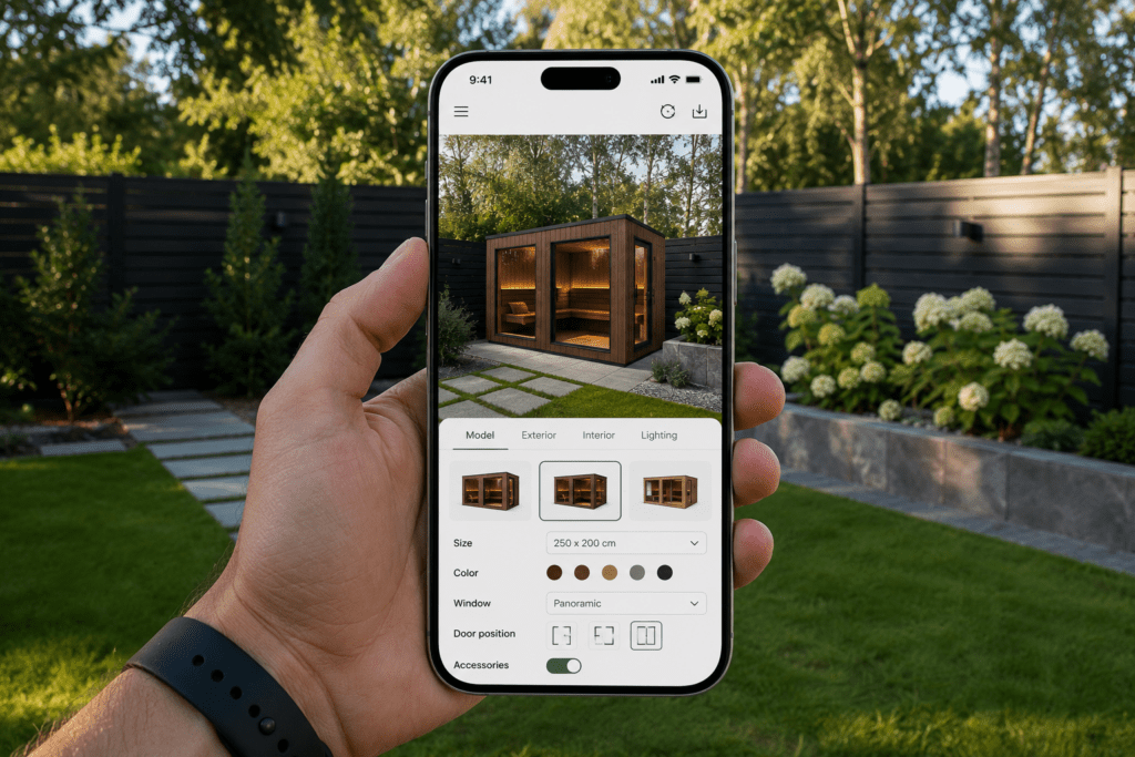 Augmented reality product experience showing a configurable outdoor sauna placed in a real garden using a smartphone, demonstrating interactive visualisation with GLB technology.