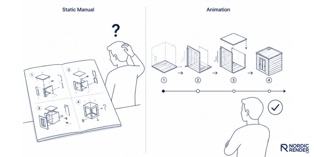 Comparison between a static instruction manual and an animated assembly sequence explaining the same product.