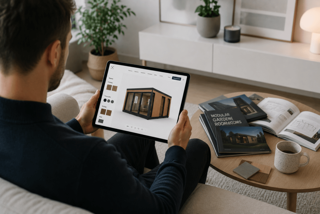 Kunde konfiguriert ein modulares Gebäude in einem browserbasierten Produktkonfigurator auf einem Tablet und vergleicht Materialien sowie Produktvarianten.